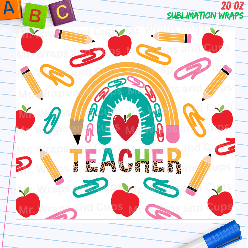 P 085 Teacher Apples and Pencils 20oz Sublimation Wrap