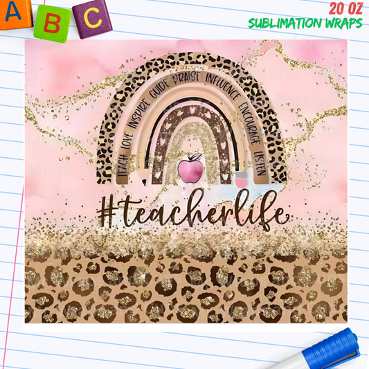 P 076 Teacher Life Pink Leopard 20oz Sublimation Wrap